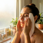 Une femme applique un glaçon sur son visage pour un soin réfrigéré. Effet de réduction des pores en vue.