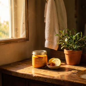 Femme appliquant un masque au curcuma sur son visage, lumière douce en arrière-plan