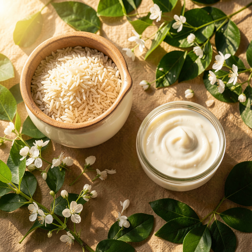 Un bol de riz et du lait dans une cuillère, avec un arrière-plan de salle de bain lumineuse