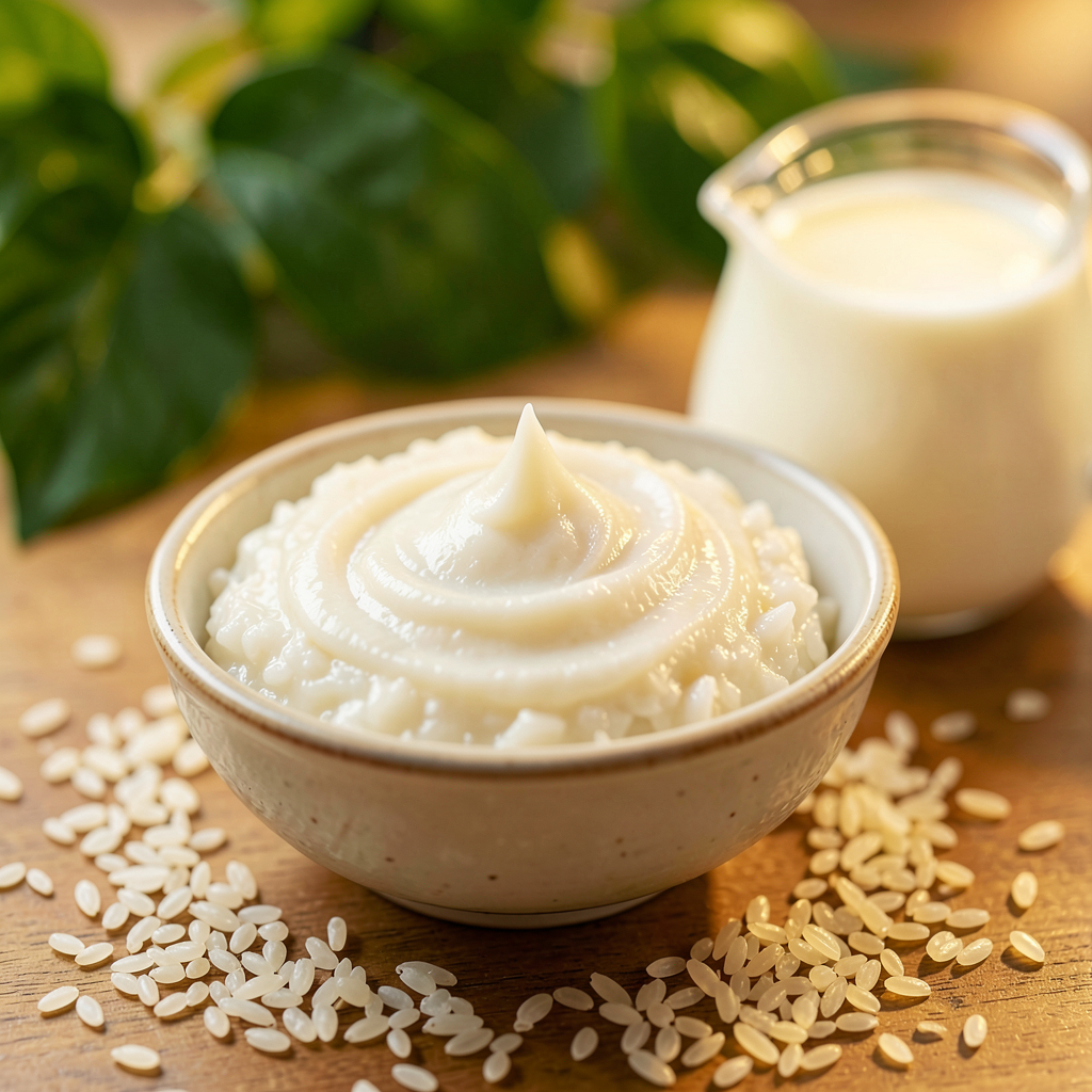 Des mains mélangeant des graines de riz et du lait, mot-clé: 'Soin Maison Visage'