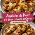 Aiguillettes de poulet crémeuses au chorizo servies dans une assiette