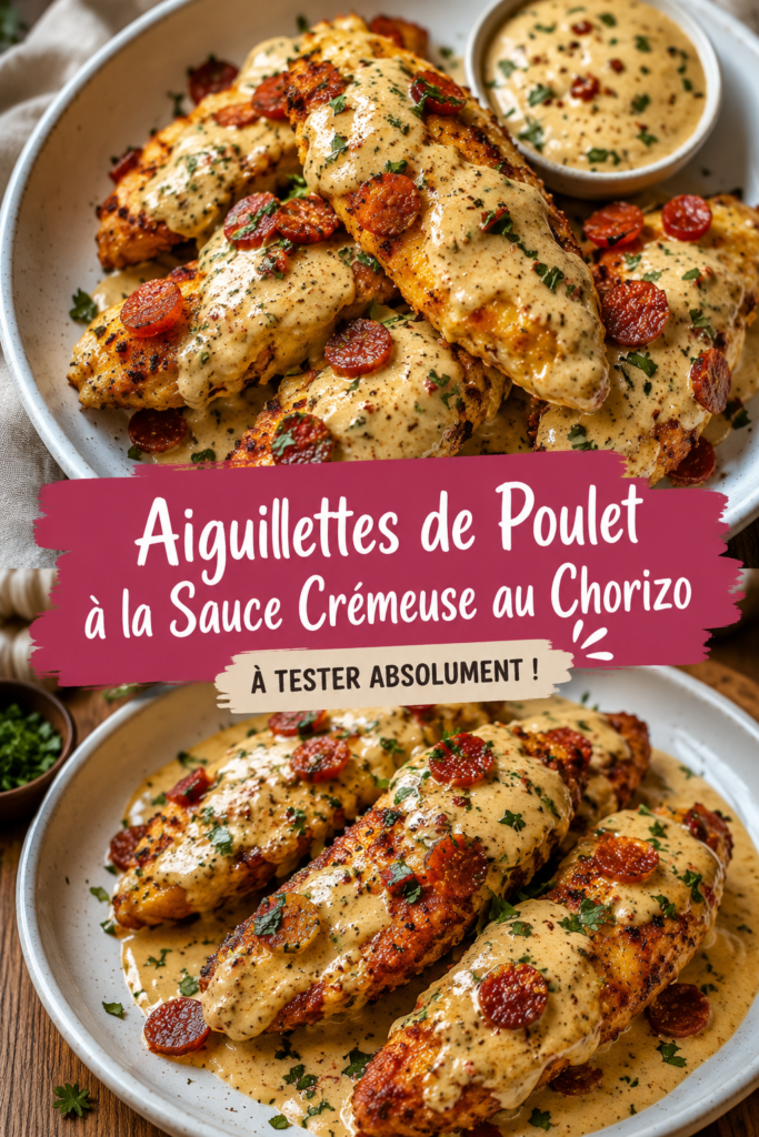 Aiguillettes de poulet crémeuses au chorizo servies dans une assiette