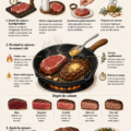 Steak juteux sur une planche en bois avec des herbes fraîches.