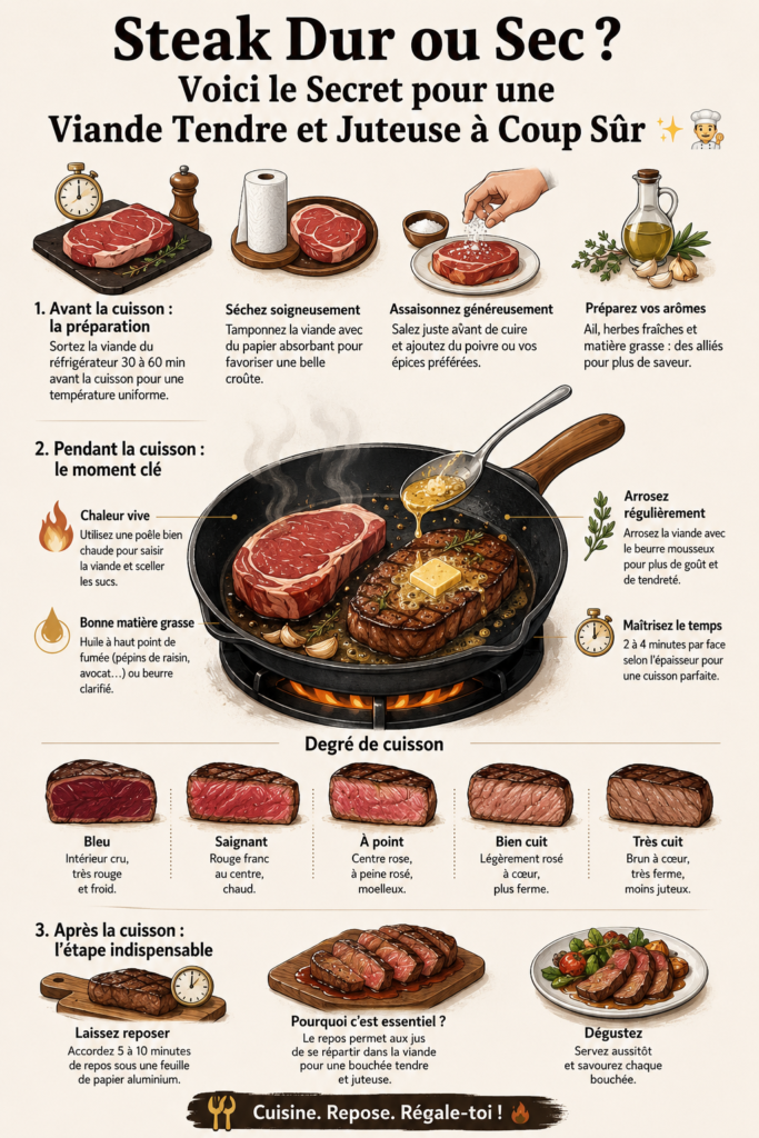 Steak juteux sur une planche en bois avec des herbes fraîches.