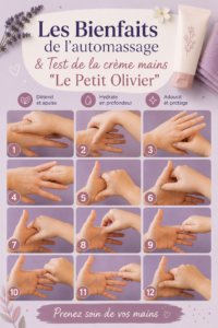 Femme réalisant un automassage de ses mains avec une crème hydratante Le Petit Olivier