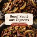 Boeuf sauté aux oignons appétissant dans une poêle, prêt à être dégusté.
