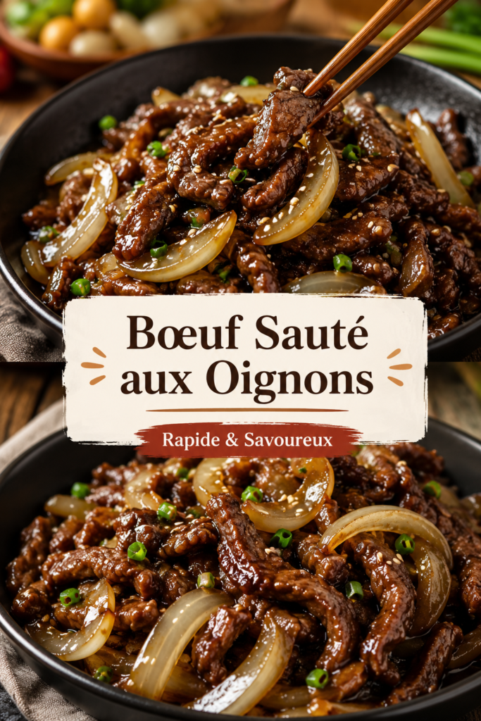 Boeuf sauté aux oignons appétissant dans une poêle, prêt à être dégusté.