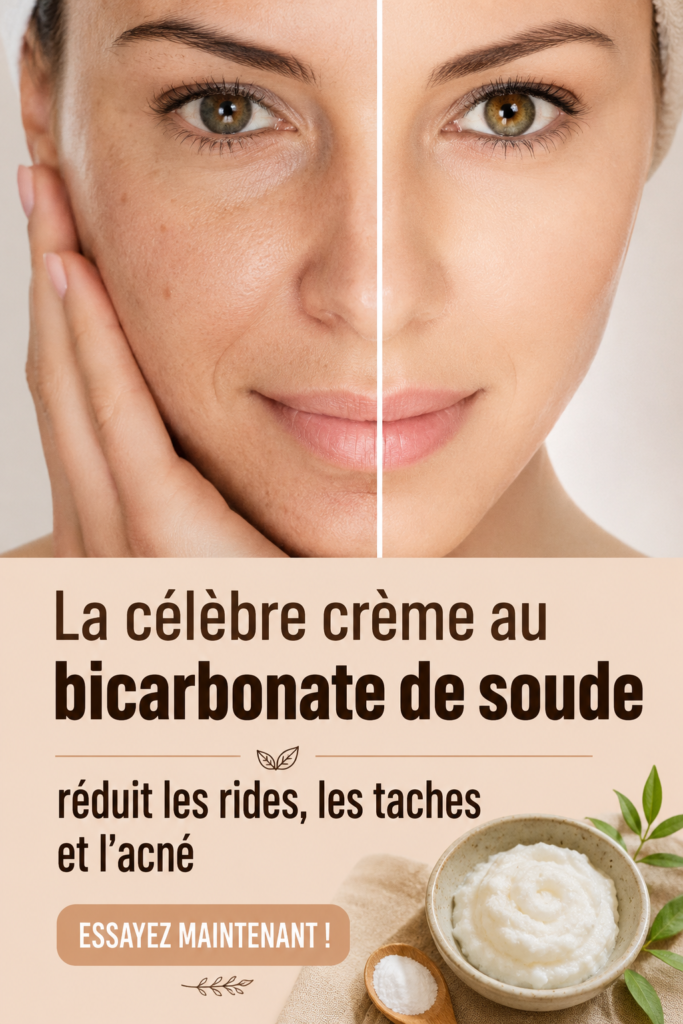 Image d'un pot de crème au bicarbonate avec des fleurs à côté, évoquant une routine de soins de la peau.