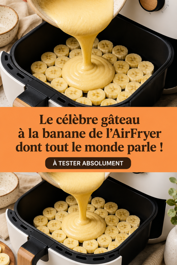 Un gâteau à la banane doré, fraîchement cuit dans un AirFryer, sur une assiette élégante.