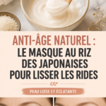 Un masque facial au riz appliqué sur un visage féminin, symbole de beauté naturelle.