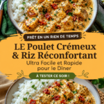 Un plat de poulet crémeux avec du riz dans une assiette en bois