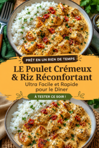 Un plat de poulet crémeux avec du riz dans une assiette en bois
