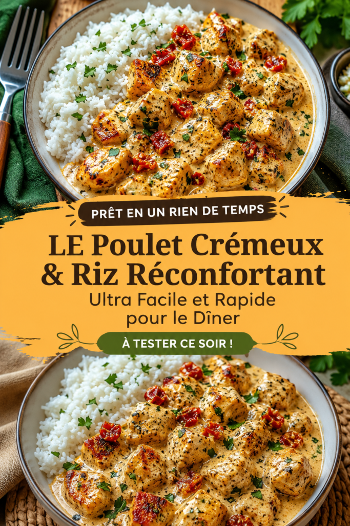Un plat de poulet crémeux avec du riz dans une assiette en bois