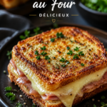 Croque-monsieur au four doré sur une assiette avec des herbes fraîches