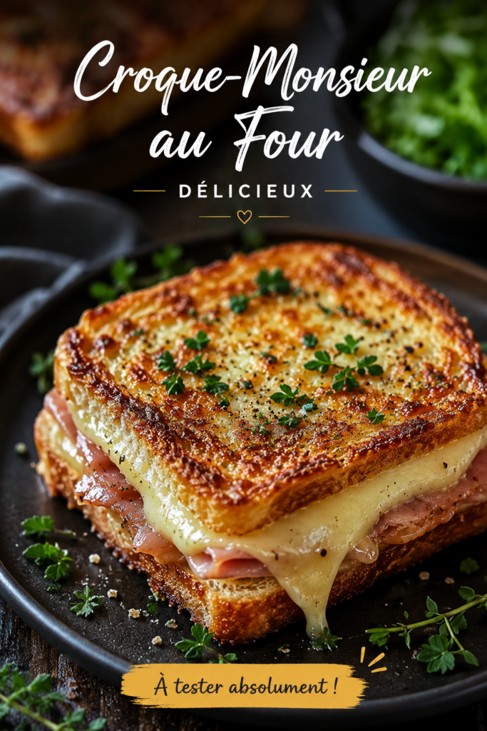 Croque-monsieur au four doré sur une assiette avec des herbes fraîches