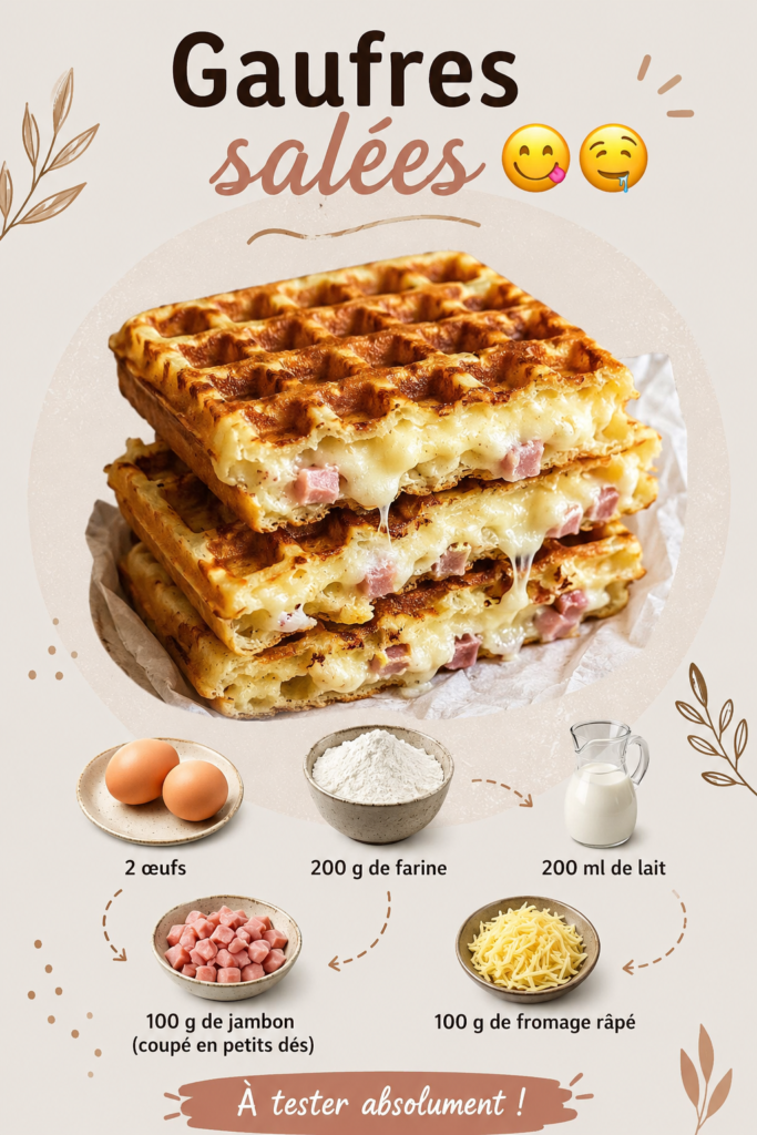 Gaufres salées garnies de légumes et fromages sur une assiette.