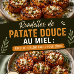 Rondelles de patate douce dorées au miel sur une assiette, prêtes à être dégustées.