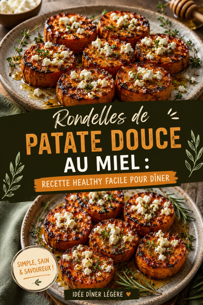 Rondelles de patate douce dorées au miel sur une assiette, prêtes à être dégustées.