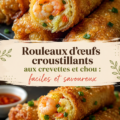 Rouleaux d'œufs croustillants garnis de crevettes et chou, bien présentés sur une assiette.