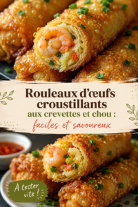 Rouleaux d'œufs croustillants garnis de crevettes et chou, bien présentés sur une assiette.