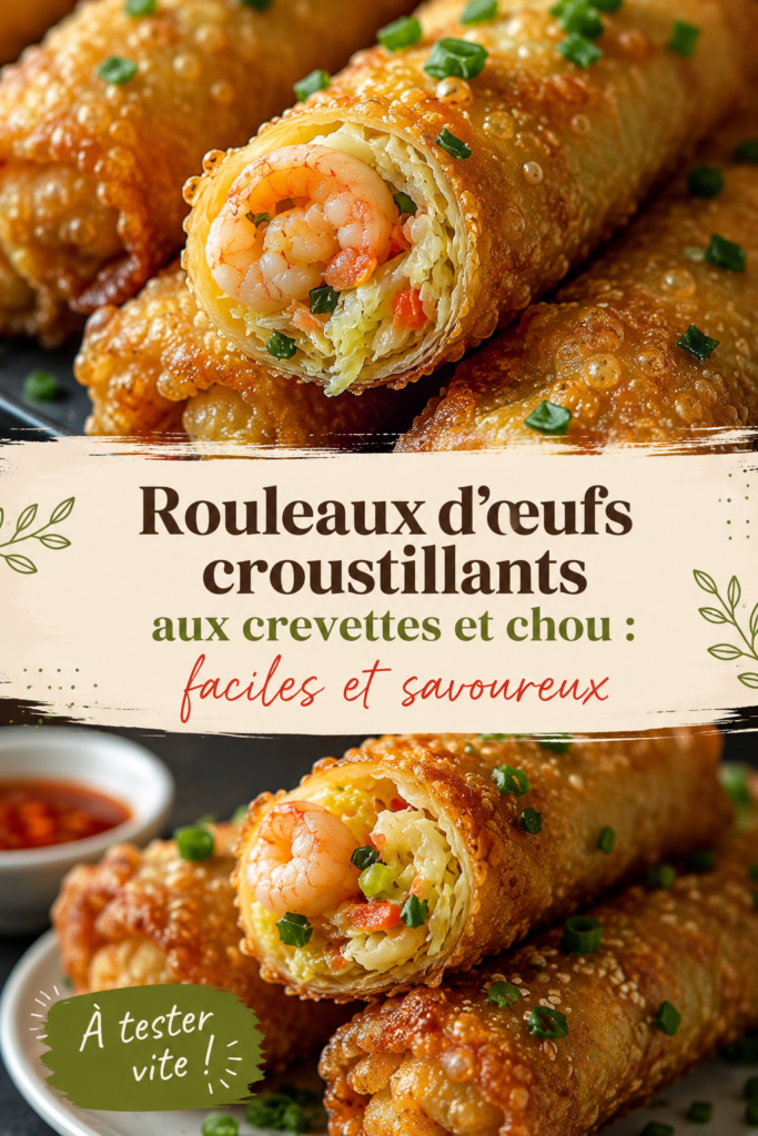 Rouleaux d'œufs croustillants garnis de crevettes et chou, bien présentés sur une assiette.