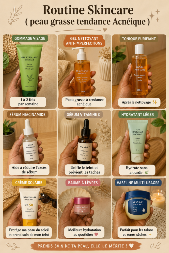 Produits de soin pour une routine skincare adaptée aux peaux grasses