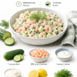 Salade crémeuse de concombre et crevettes servie dans un bol en bois.