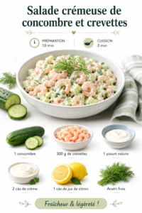 Salade crémeuse de concombre et crevettes servie dans un bol en bois.
