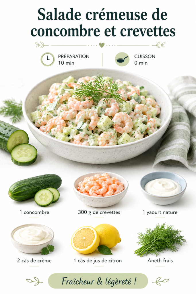 Salade crémeuse de concombre et crevettes servie dans un bol en bois.