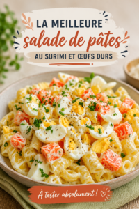Salade de pâtes au surimi et œufs durs fraîche et colorée.