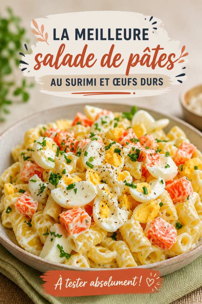 Salade de pâtes au surimi et œufs durs fraîche et colorée.