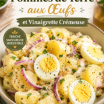 Salade de pommes de terre et œufs avec vinaigrette crémeuse servie dans un bol coloré.