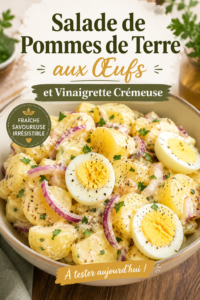 Salade de pommes de terre et œufs avec vinaigrette crémeuse servie dans un bol coloré.