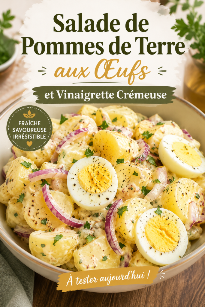 Salade de pommes de terre et œufs avec vinaigrette crémeuse servie dans un bol coloré.
