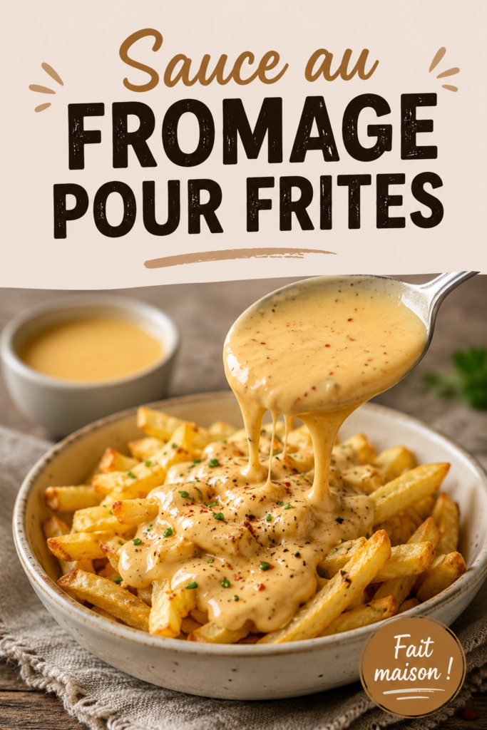 Une petite casserole de sauce au fromage crémeuse préparée pour accompagner des frites croustillantes.