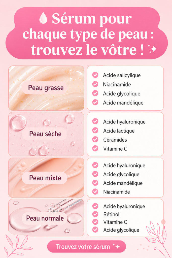 Gamme de sérums adaptés à différents types de peau sur une table