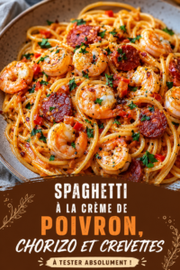 Spaghetti à la crème, chorizo et crevettes dans une assiette colorée