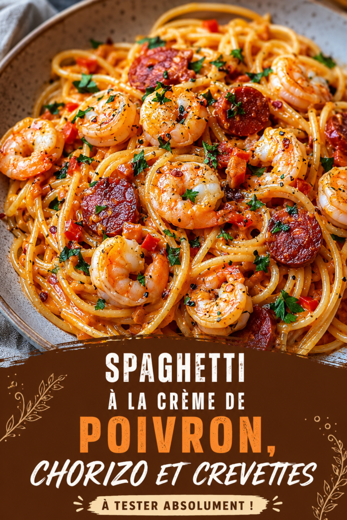 Spaghetti à la crème, chorizo et crevettes dans une assiette colorée
