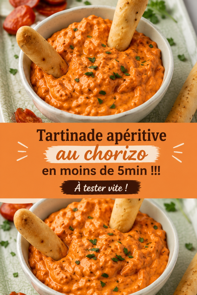 Tartinade au chorizo présentée dans un bol avec des légumes et des crackers autour.