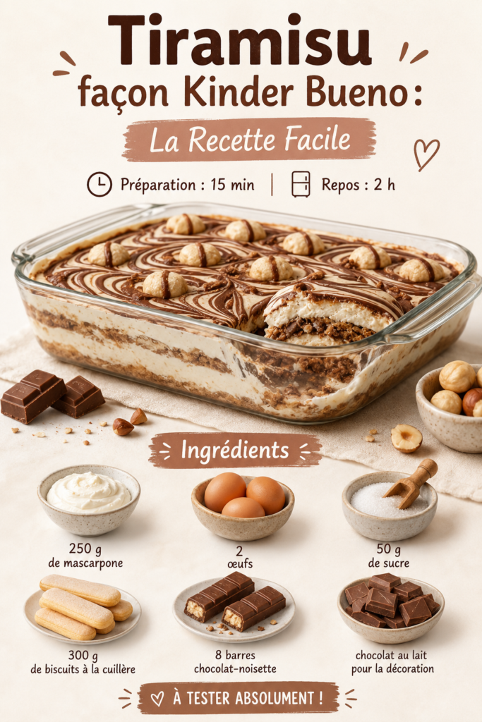 Un tiramisu façon Kinder Bueno, crémeux et gourmand, décoré de morceaux de chocolat.