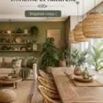 Un intérieur décoré dans un style bohème naturel, avec des couleurs terre et des matières textiles chaleureuses.