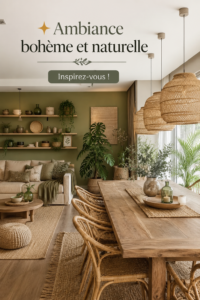 Un intérieur décoré dans un style bohème naturel, avec des couleurs terre et des matières textiles chaleureuses.
