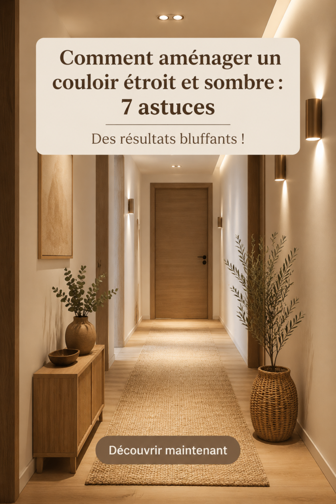 Un couloir étroit et lumineux avec une décoration chaleureuse et accueillante.