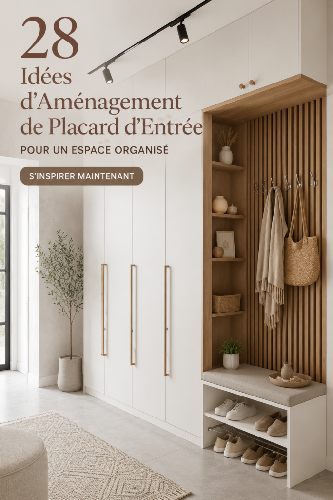 Placard d'entrée bien organisé avec des étagères et des crochets