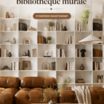Un salon moderne avec une grande bibliothèque murale en bois et un canapé confortable.