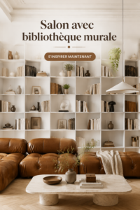 Un salon moderne avec une grande bibliothèque murale en bois et un canapé confortable.