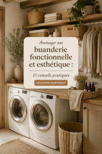 Buanderie moderne bien aménagée avec espace de rangement et décoration esthétique