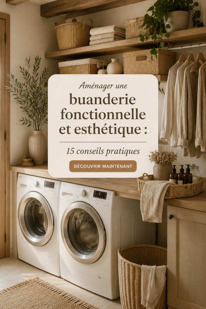 Buanderie moderne bien aménagée avec espace de rangement et décoration esthétique