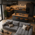 Cuisine-salon inspirée du style loft moderne avec des matériaux bruts et lumineux