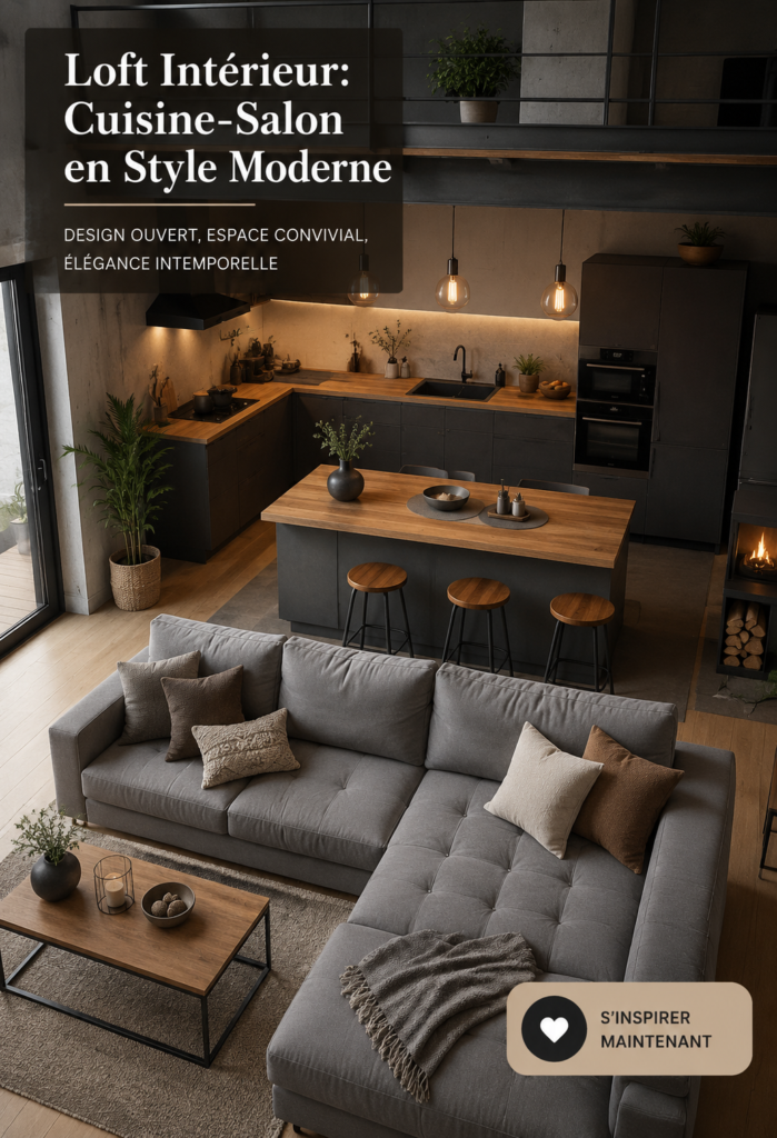 Cuisine-salon inspirée du style loft moderne avec des matériaux bruts et lumineux